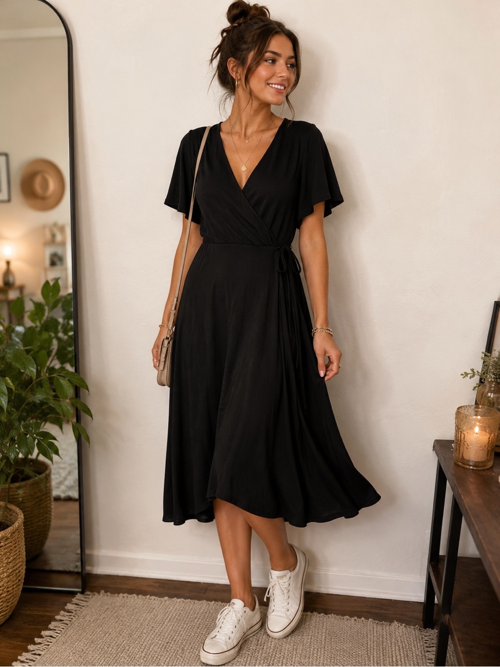 H&M Black Wrap-Style Midi Dress with tie- V-Neck- never worn